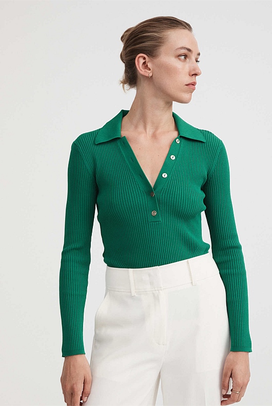 Crepe Collar Henley - Aqua Green