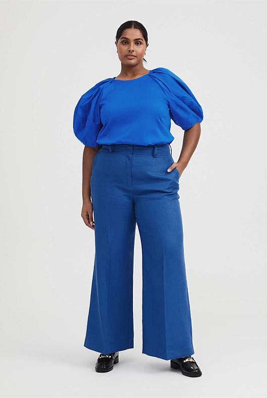 Cotton Poplin Puff Sleeve Blouse - Bold Blue