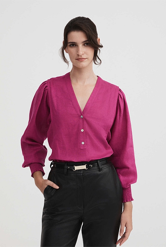 French Linen Half Placket Blouse - Mulberry