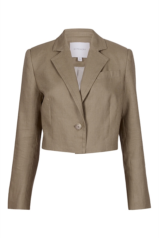 Linen Single-Breasted Cropped Blazer - Washed Green