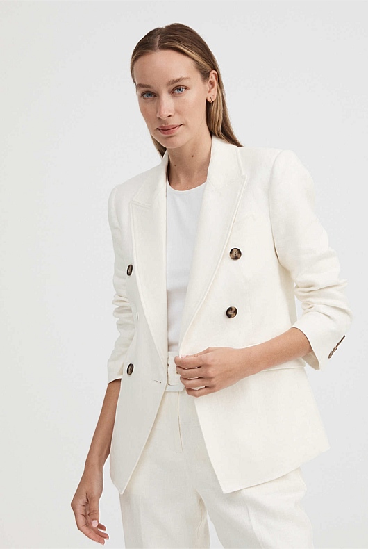 Linen Double-Breasted Crop Sleeve Blazer - Chalk