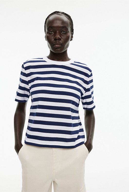 Stripe Cotton Crop Short Sleeve Tee - Ink