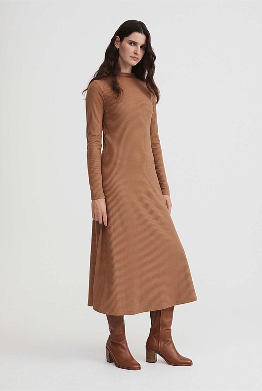 Mock Neck Rib Dress - Camel
