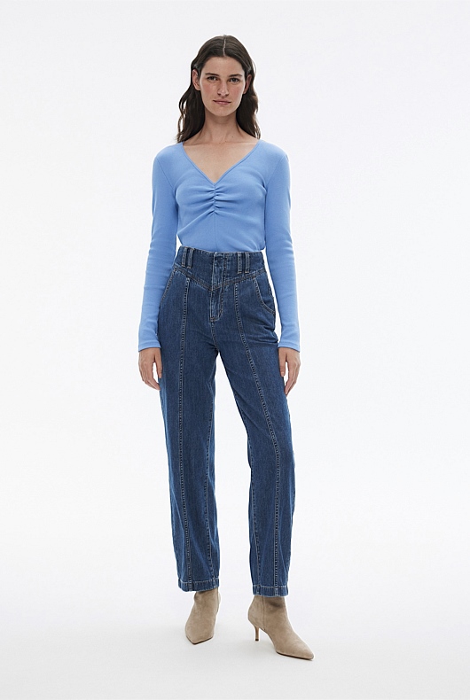 Cotton Rib Gathered Top - Harbour Blue