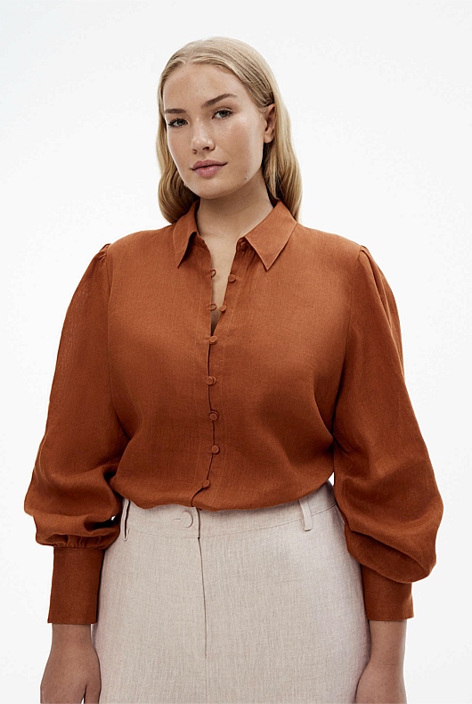 French Linen Volume Sleeve Shirt - Faded Terracotta