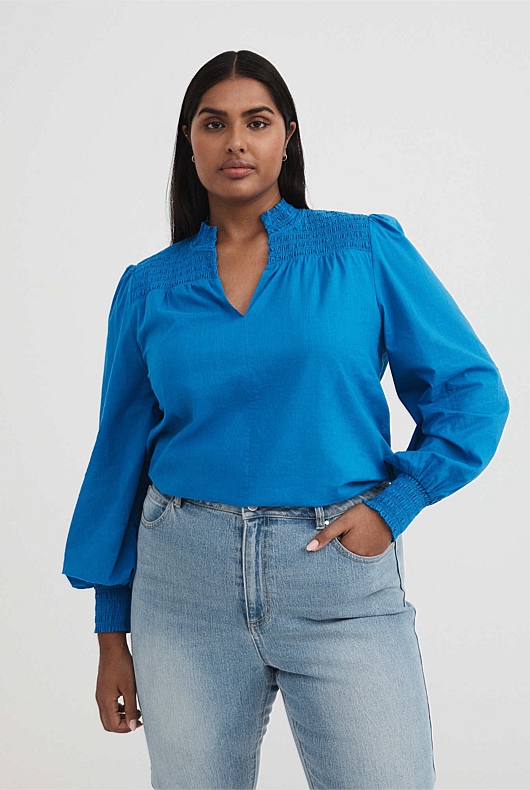 Cotton Shirred Blouse - Sorrento Blue
