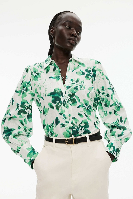 Linen Ikat Floral Volume Sleeve Shirt - Willow