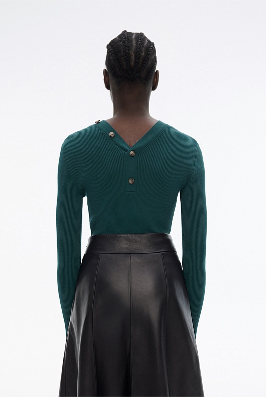 Button Through Rib Knit - Petrol Green
