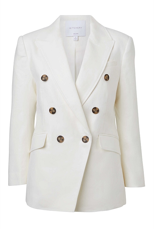 Linen Double-Breasted Crop Sleeve Blazer - Chalk