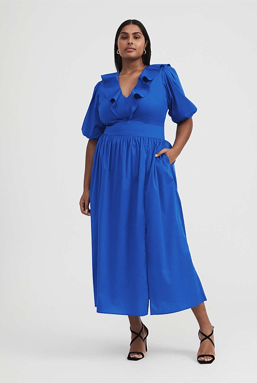Cotton Poplin Ruffle Maxi Dress - Bold Blue