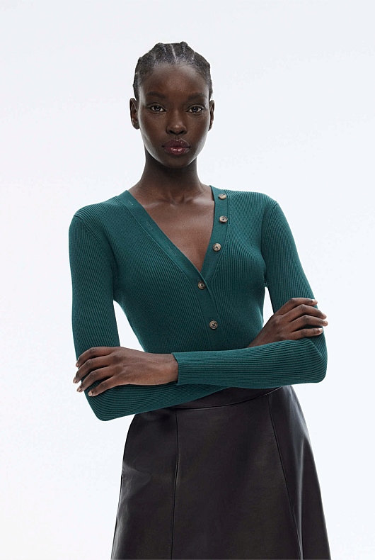 Button Through Rib Knit - Petrol Green