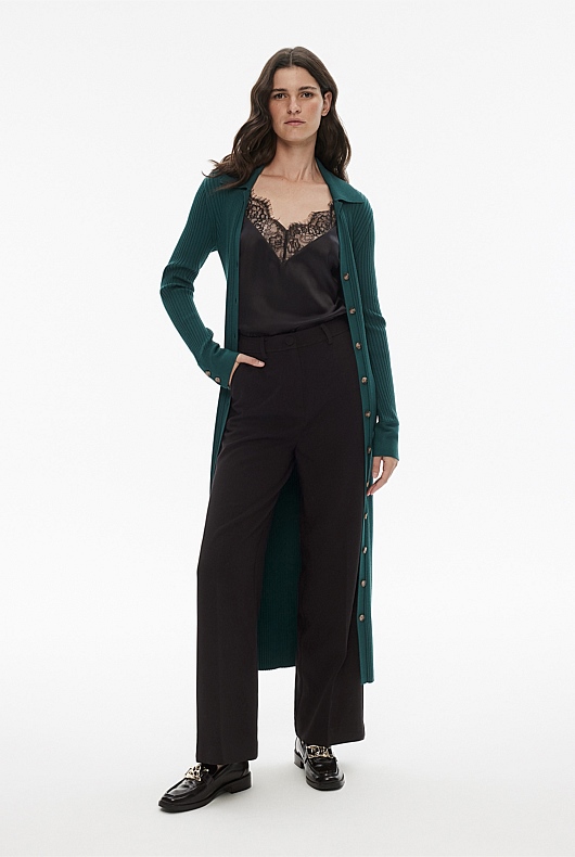 Button Through Rib Longline Cardigan - Petrol Green