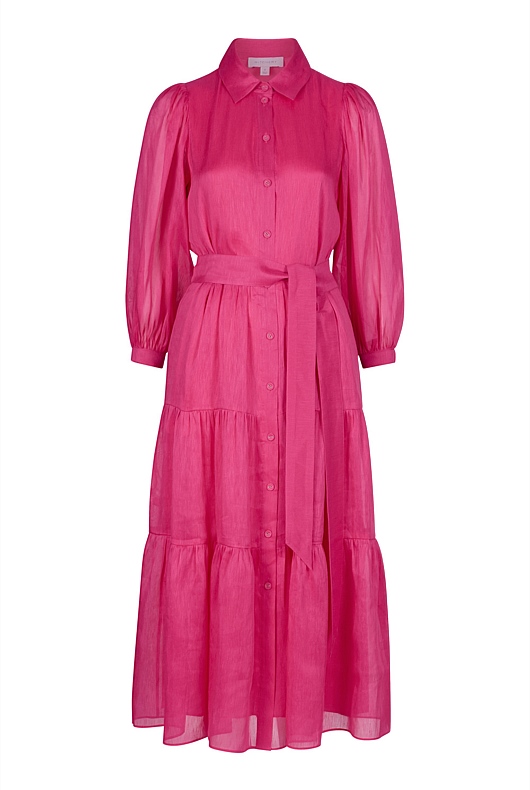 Silk Linen Midi Dress - Dahlia Pink