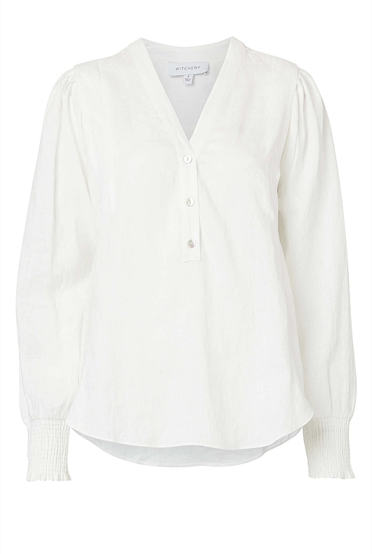 French Linen Half Placket Blouse - Chalk