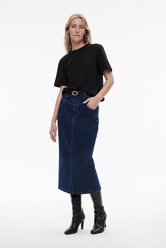 Yoke Front Longline Denim Skirt - Dark Indigo