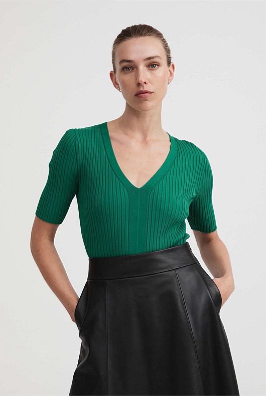 Rib V Neck Short Sleeve Knit - Aqua Green