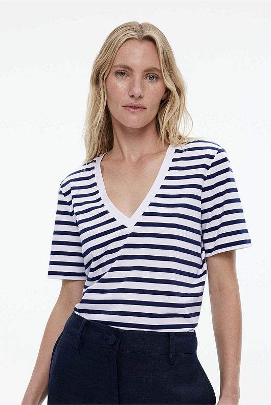 Stripe Cotton V Neck Tee - Ink