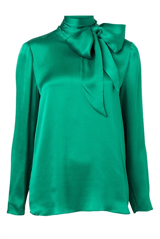 Silk Satin Pussybow Blouse - Aqua Green