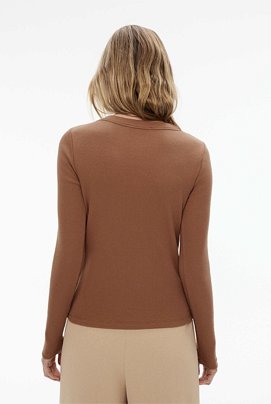 Long Sleeve Rib Top - Camel