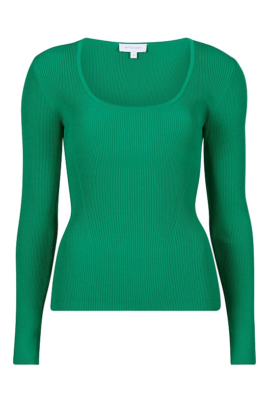 Scoop Rib Long Sleeve Knit - Viridian Green