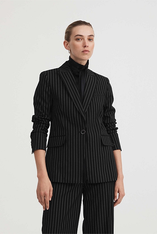 Single-Breasted Pinstripe Blazer - Black