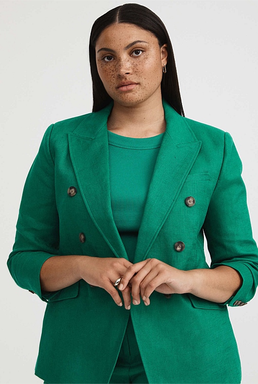 Linen Double-Breasted Crop Sleeve Blazer - Aqua Green