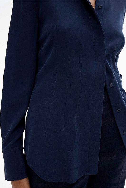 Silk Dart Detail Shirt - Ink Blue