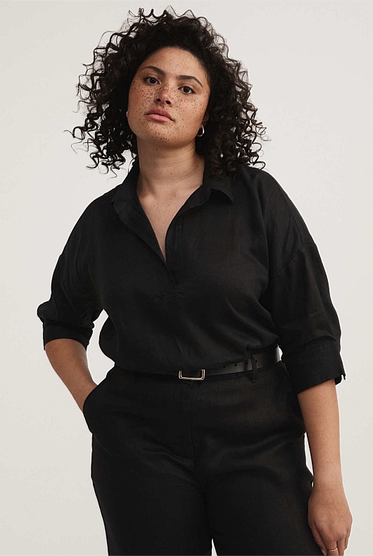 French Linen Pop Over Shirt - Black