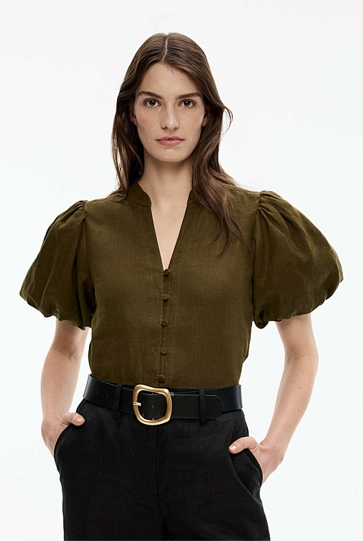 Hemp Puff Sleeve Blouse - Jungle