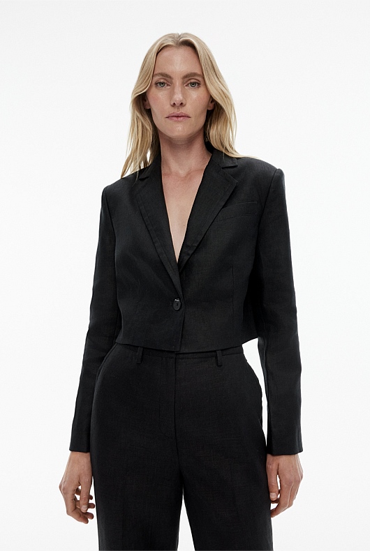 Linen Single-Breasted Cropped Blazer - Black
