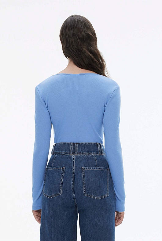 Cotton Rib Gathered Top - Harbour Blue