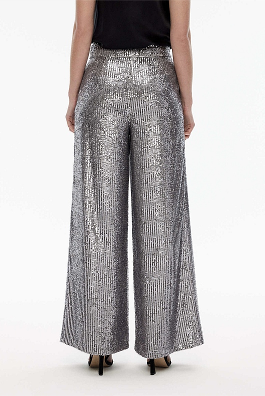 Sequin Wide Leg Trouser - Gunmetal