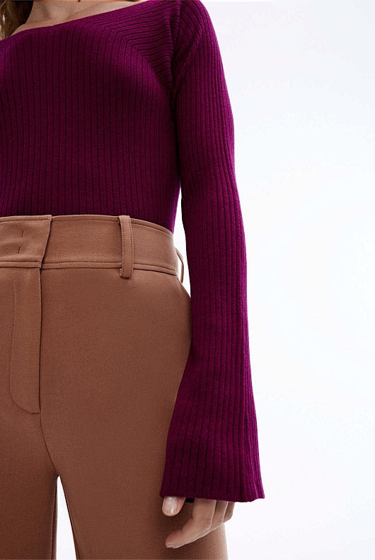 Rib Wide V Neck Knit - Deep Magenta