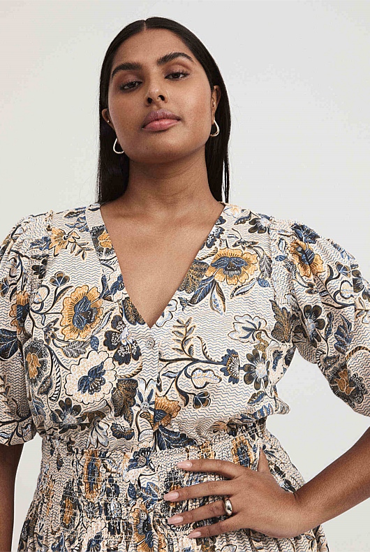 Vine Floral Print Shirred Dress - Barley