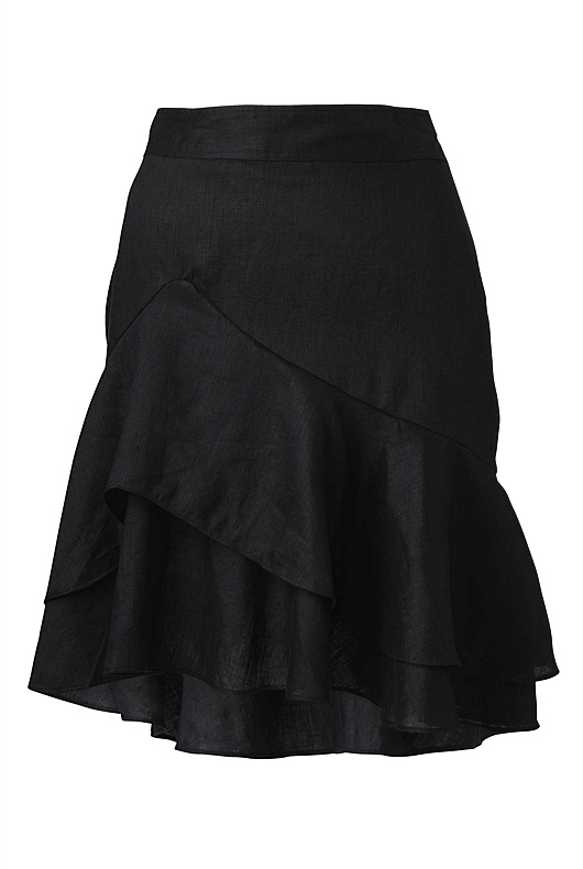 French Linen Ruffle Detail Skirt - Black