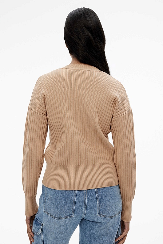 Rib Drop Shoulder Cardigan - Washed Sand