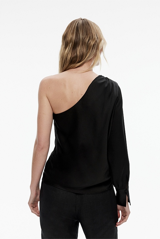 Satin One Shoulder Blouse - Black