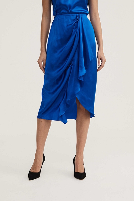 Silk Draped Front Skirt - Bold Blue
