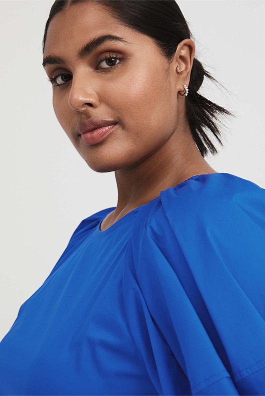 Cotton Poplin Puff Sleeve Blouse - Bold Blue