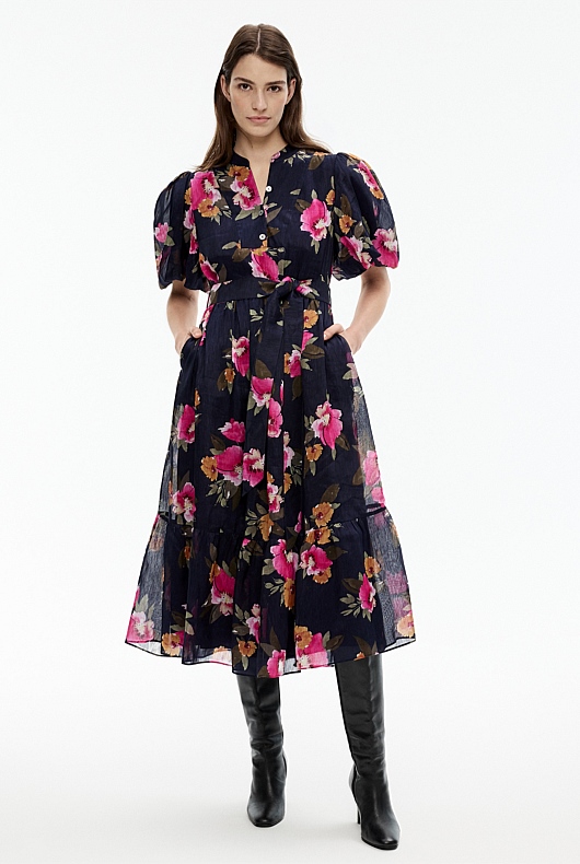 Watercolour Print Midi Dress - Midnight Blue