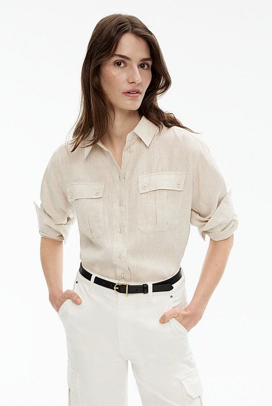 Yarn Dye French Linen Pocket Detail Shirt - Flax