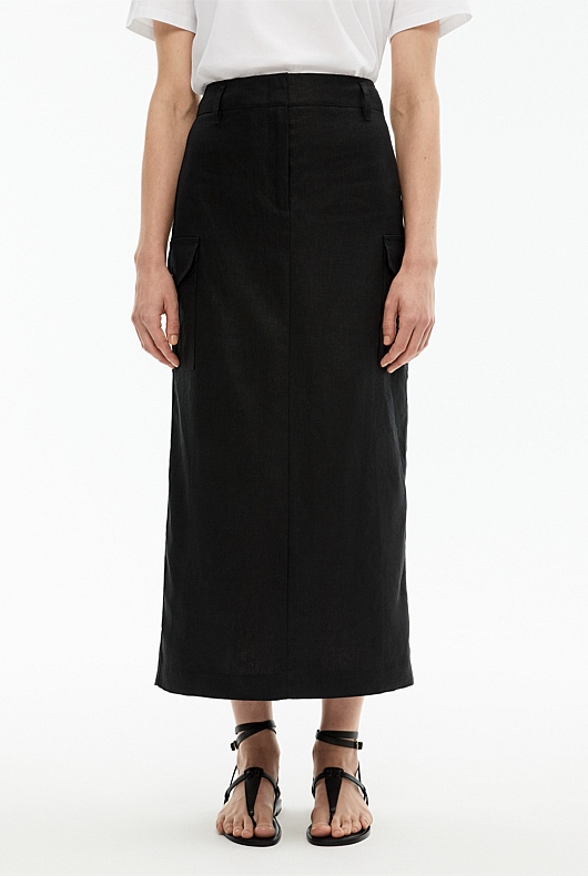 Linen Maxi Utility Skirt - Black
