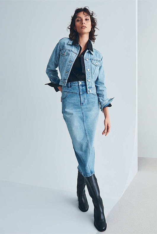 Yoke Front Longline Denim Skirt - Vintage Wash Denim