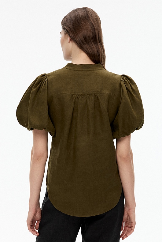Hemp Puff Sleeve Blouse - Jungle