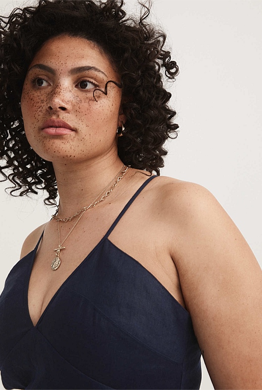 French Linen Summer Slip Dress - Blue Night