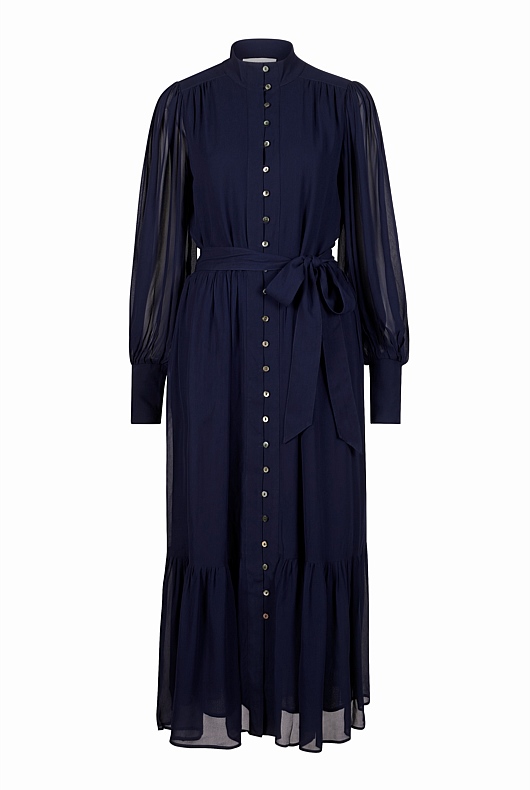 Georgette High Neck Midi Dress - Blue Night