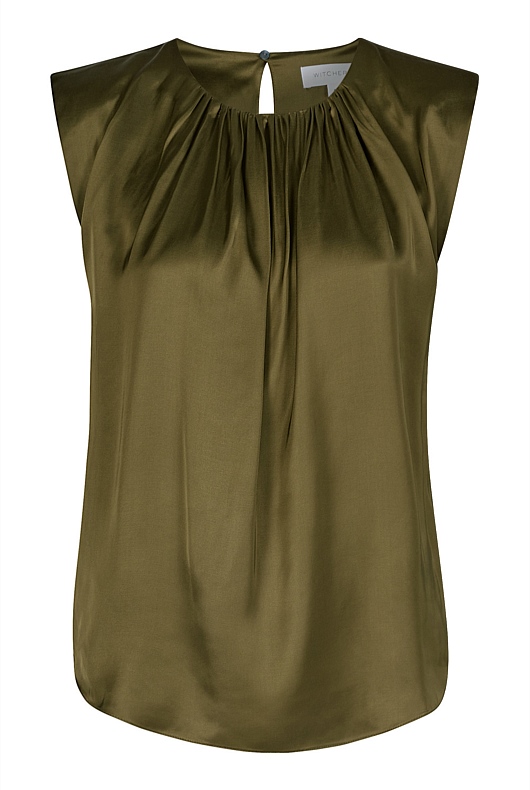 Satin Gathered Tank - Jungle
