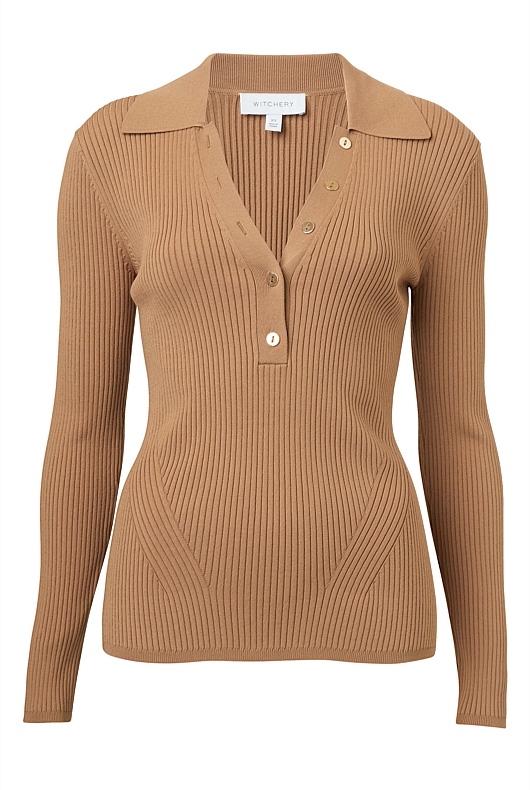 Crepe Collar Henley - Camel