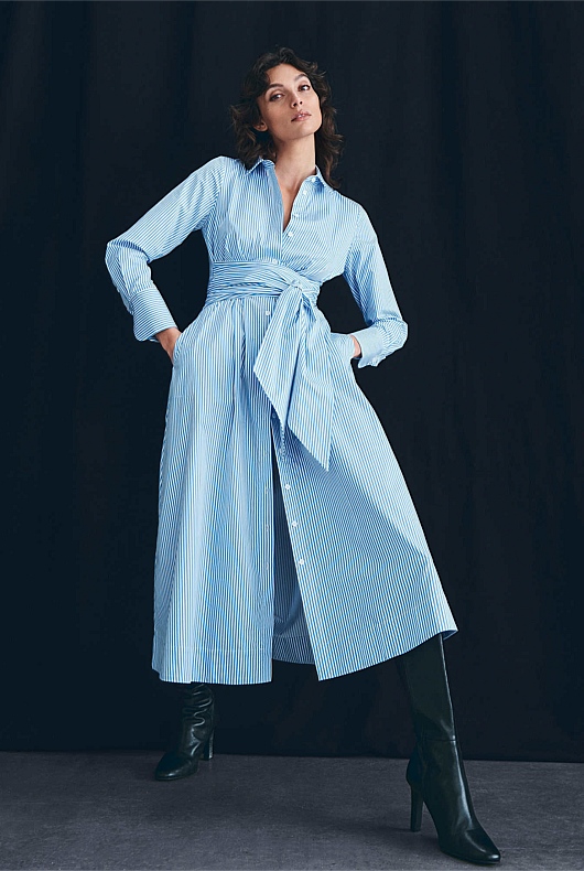 Stripe Sateen Shirt Dress - Blue Daze