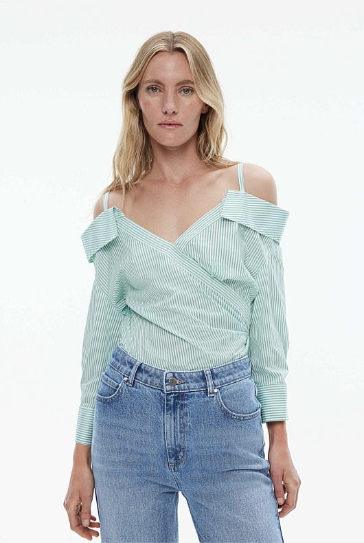 Cotton Stripe Off Shoulder Blouse - Rich Green